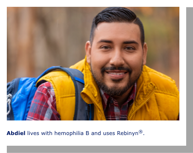 Abdiel lives with hemophilia b and uses rebinyn®.