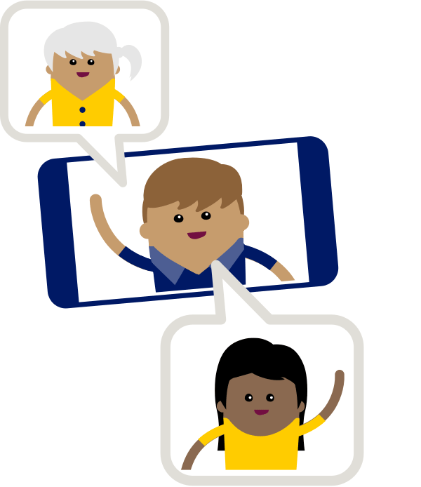 A smartphone screen shows a person on a video call. Speech bubbles show the other participants talking animatedly. Illustration.