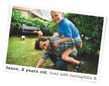 Jason, who lives with hemophilia B, plays with his dad in a garden